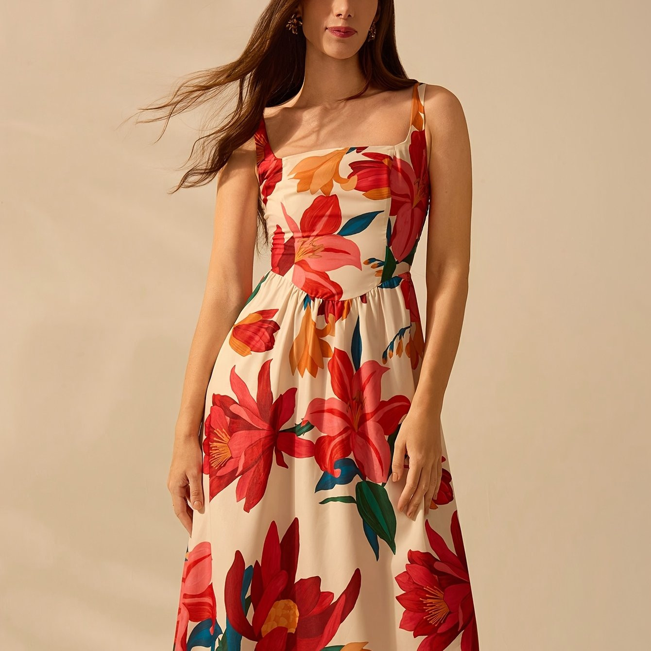 women's elegant square neck geometric floral print maxi - Temu Canada | Temu Affiliate Program