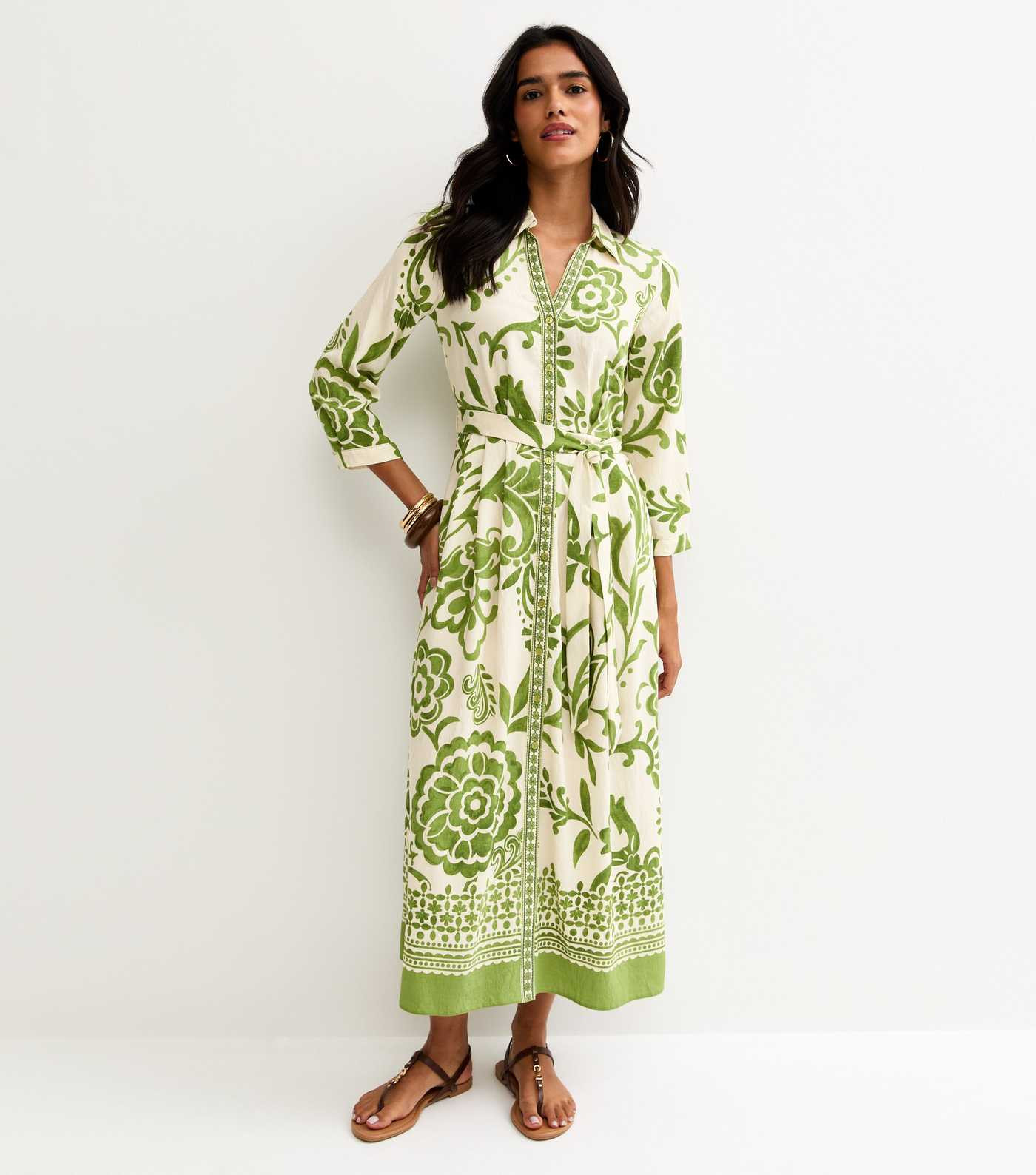 Green Floral Border Tile Print Midi Shirt Dress | New Look | New Look (UK)