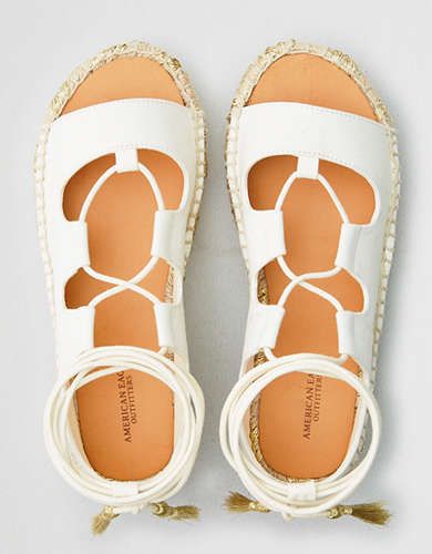 AEO Open Toe Lace Up Flatform Espadrille Sandal, Chalk | American Eagle Outfitters (US & CA)