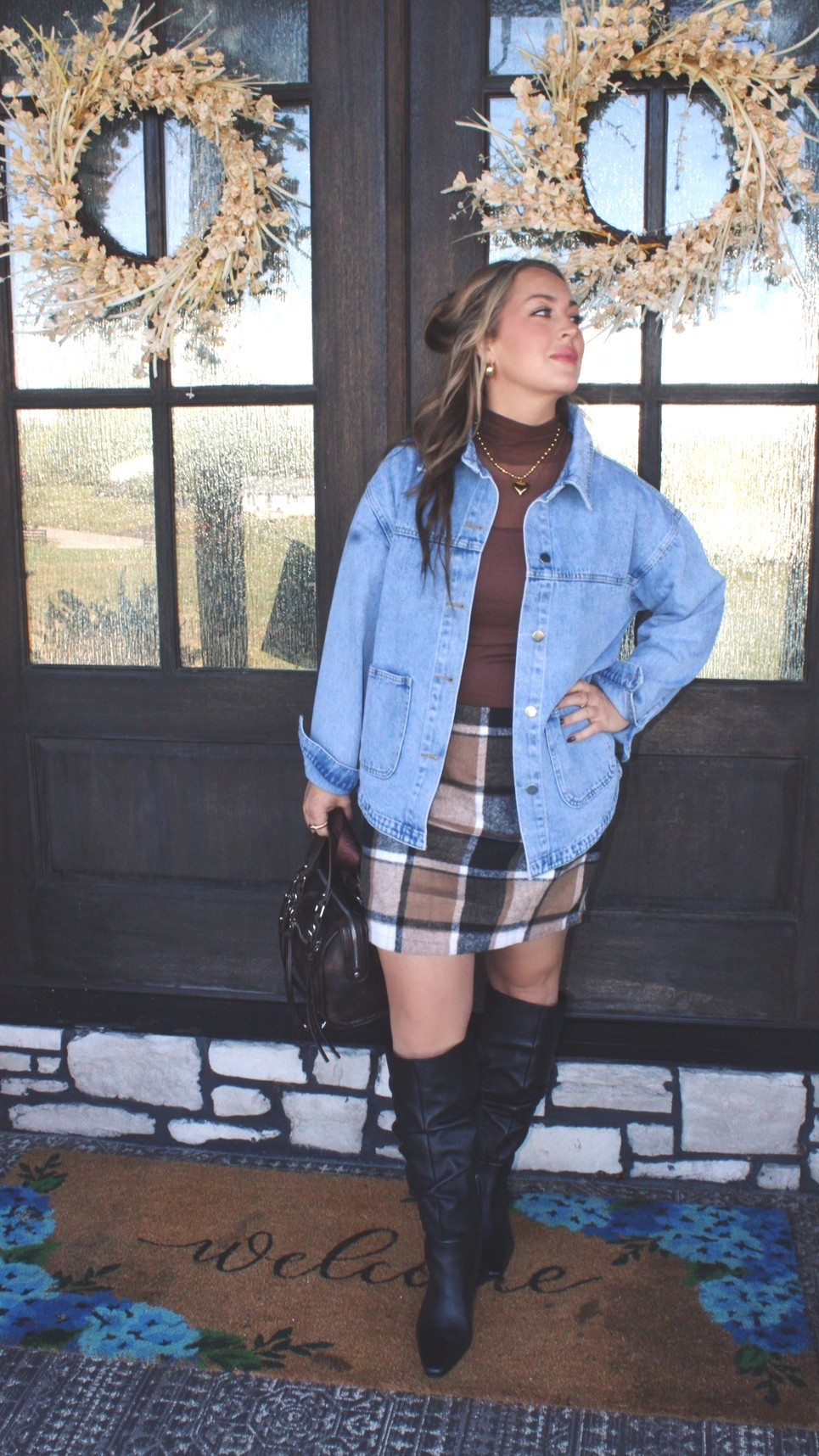Denim jacket + plaid skirt + knee-high boots = fall outfit perfection 🍂 This Amazon outfit is giving trendy, cozy, and confident. Love how the plaid mini skirt pairs with the brown mesh turtleneck for an elevated everyday look. Perfect fall outfit for busy moms, date nights, or girls’ day out!
Amazon fashion | Amazon outfit inspo | plaid skirt outfit | denim jacket outfit | fall outfit ideas | midsize fashion | knee high boots | affordable fashion | casual chic style | Amazon finds

#LTKMidsize #LTKStyleTip #LTKFindsUnder50