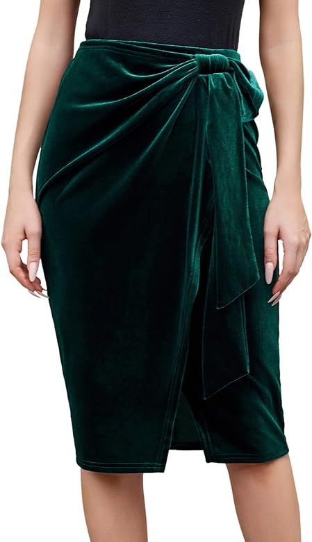 Kate Kasin Women's Velvet Midi Skirt Elastic High Waisted Ruched Bodycon Wrap Skirt with Split 20... | Amazon (US)