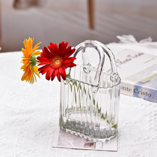10.8" Modern vase, Transparent Blue Glass Striped Handbag vase, Home Decoration. Elegant Handbag, Suitable for Bedroom, Living Room and Home Decoration. | Amazon (US)