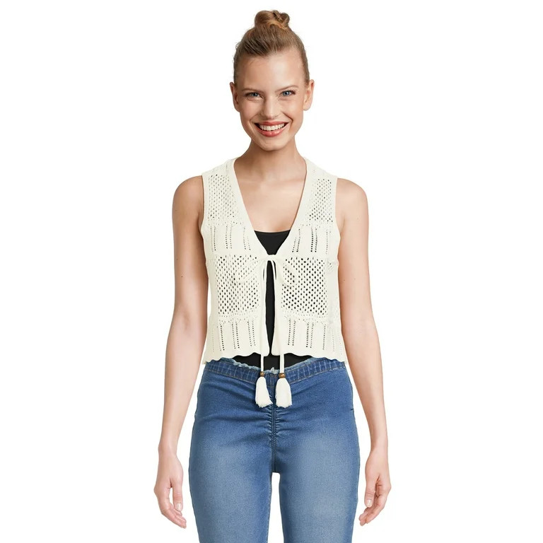 No Boundaries Juniors' Tie-Front Crochet Vest, Sizes XS-XXXL - Walmart.com | Walmart (US)