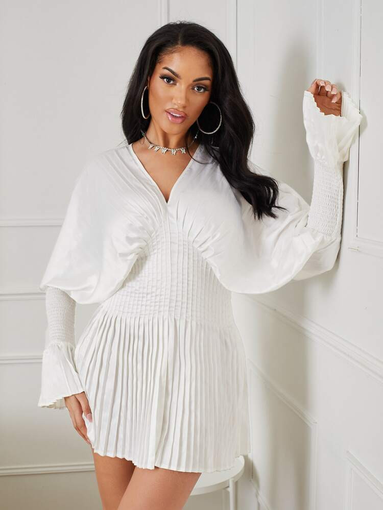 Shirred Flounce Sleeve Pleated Satin Dress | SHEIN