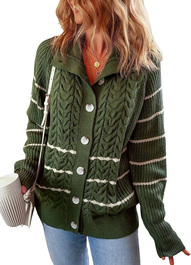 Dokotoo Women's 2024 Fall Long Sleeve Striped Sweater Open Front Chunky Cable Knit Cardigans Swea... | Amazon (US)