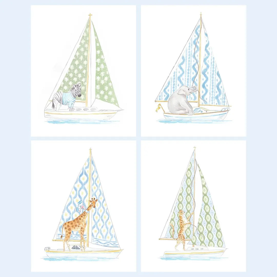 Art Print Set Whimsical Safari Animals Sailing \u2013 Coastal Nursery Decor | Etsy (Global)