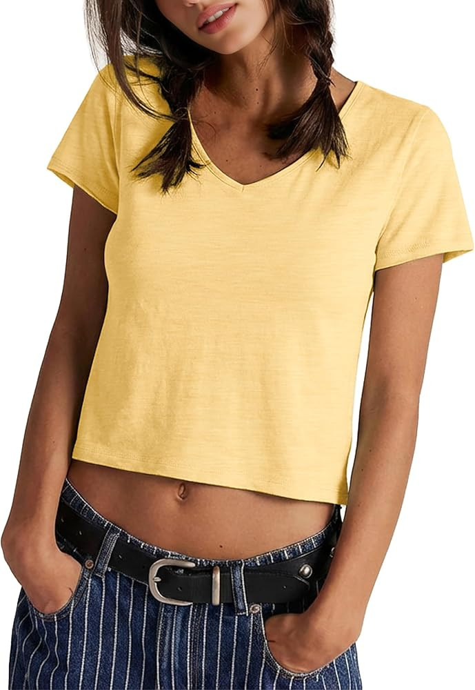 FAIABLE Womens V Neck Crop Tops Slub Cotton T Shirts Casual Short Sleeves Tee Summer Fashion Soli... | Amazon (US)