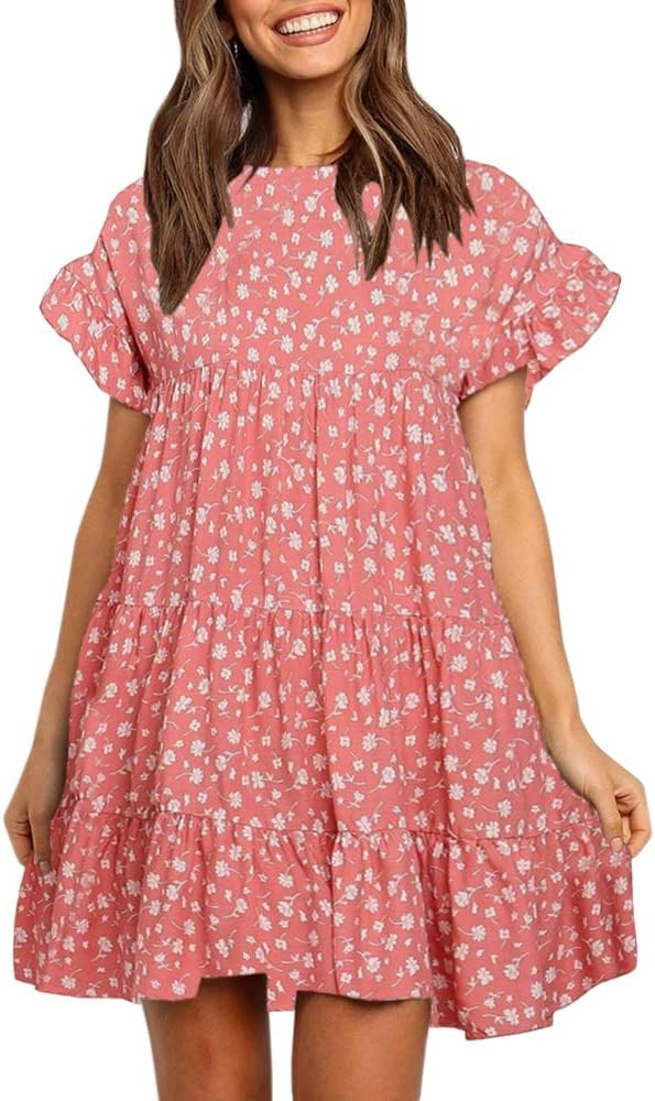 Imysty Womens Boho Floral Printed Babydoll Ruffles Casual Loose Short Mini T-Shirt Dress | Amazon (US)