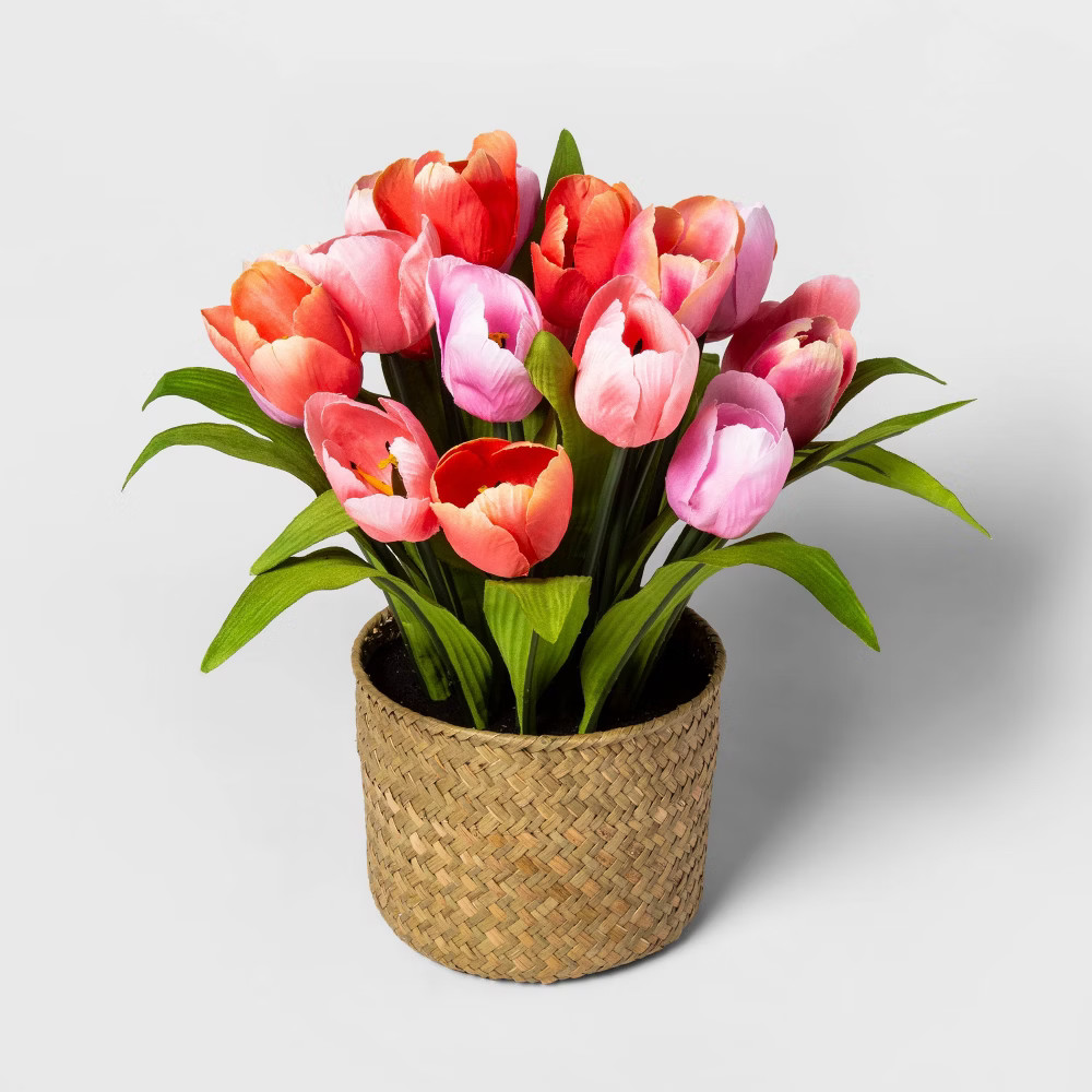 14"" x 12"" Artificial Tulip Arrangement in Woven Basket Pink/Natural - Threshold | Target