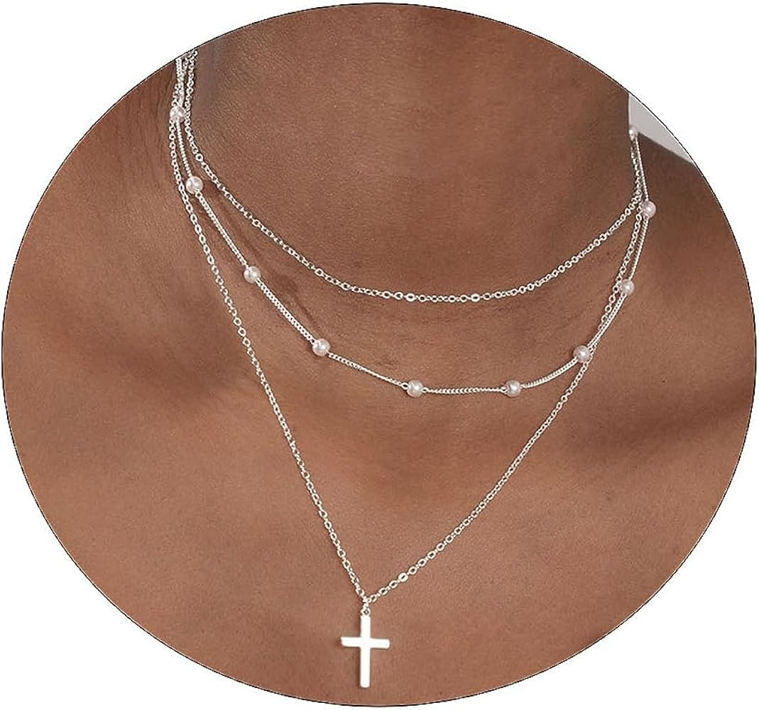 Dainty Layered Choker Necklace, Gold Pearl Cross Necklace for Women Multilayer Bar Disc Necklace ... | Amazon (US)