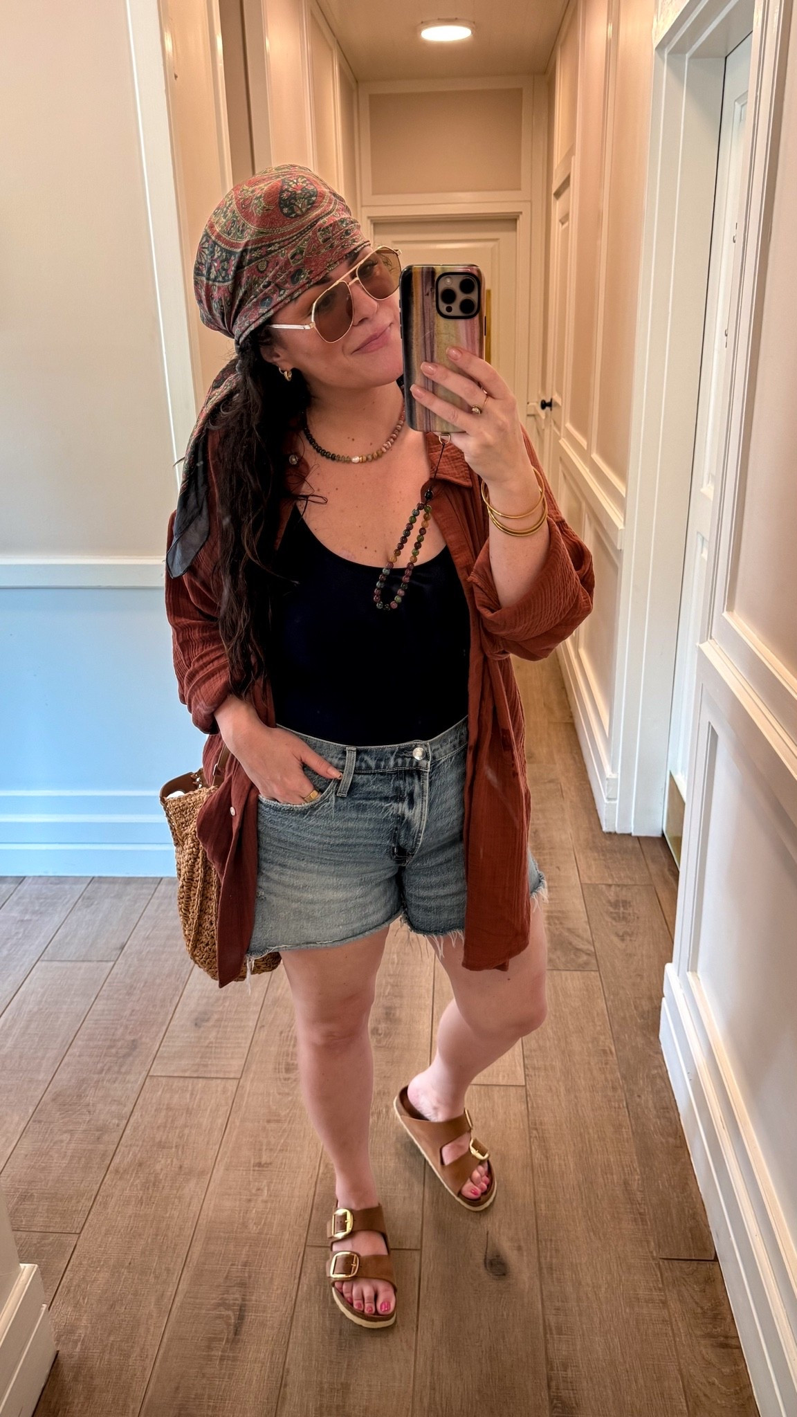 midsize vacation outfit- hawaii outfit, vacay outfit- size 14 summer style.

•one of my favorite simple and comfortable one piece bathing suits xl 
•denim shorts size 32 (i’ve had these for 3 years now) 
•comfy lightweight cover up wearing a large runs oversized and is part of a matching set. 
•silk scarf bandana 
•accessories and crossbody woven bag linked too

#LTKOver40 #LTKSwim #LTKTravel
