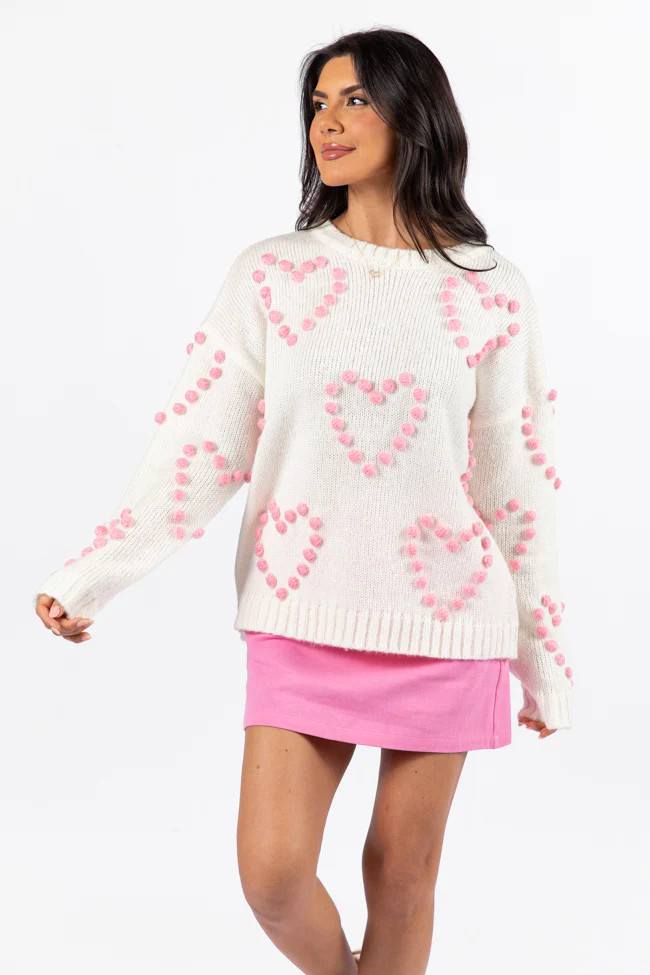 Adore You Ivory and Pink Oversized Heart Pom Sweater | Pink Lily