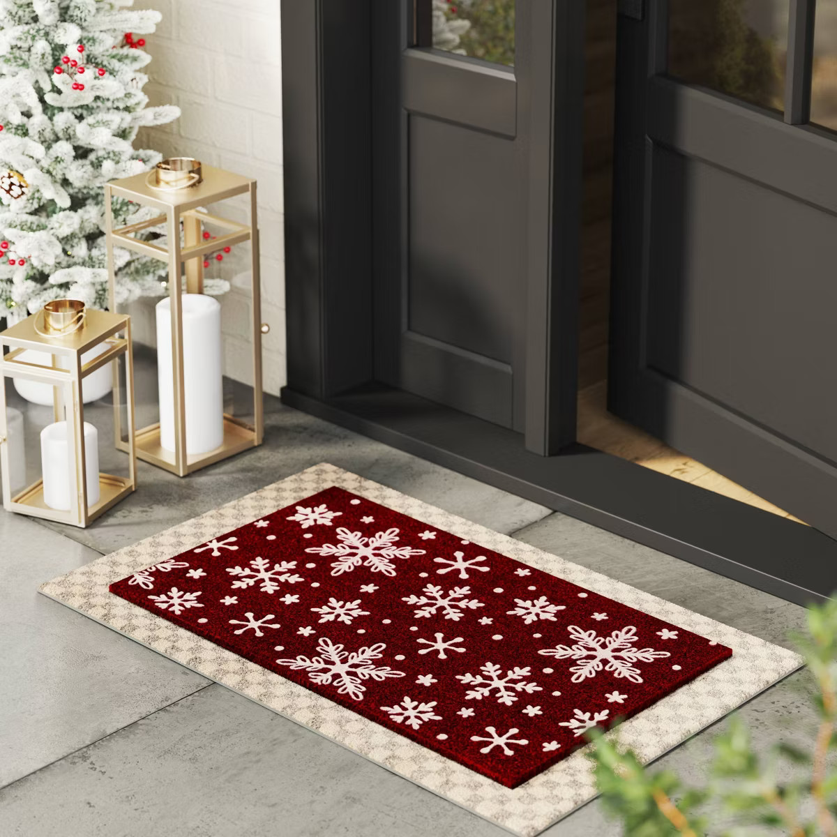 Christmas Snowflakes Flocked Doormat Red - Wondershop™ | Target