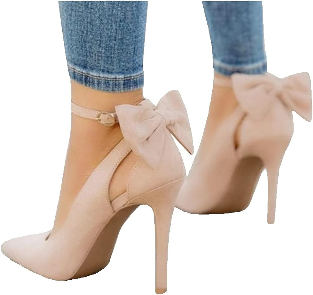 Fashare Womens High Heels Bow Tie Back Sexy Stiletto Ankle Strap Wedding Dress Pumps Shoes | Amazon (US)
