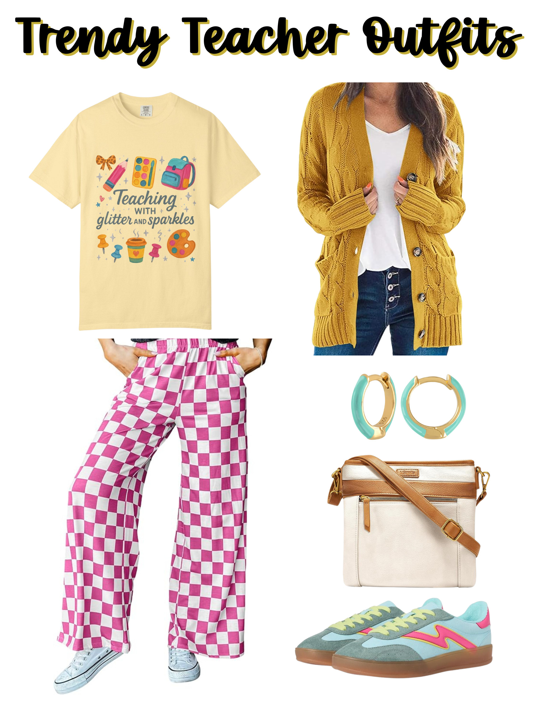 Trendy bright teacher outfit inspiration with checked pants and cute accessories! LTKteacherstyle  

 