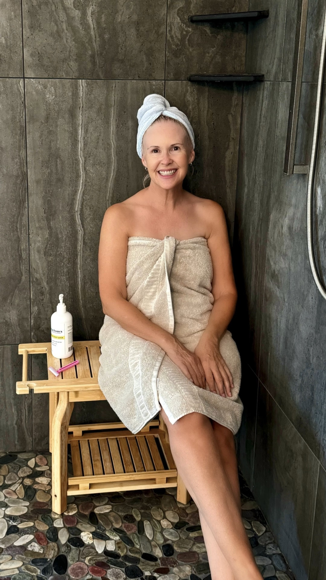 I love having a place to sit when I’m in the shower, shaving my legs!  And this eco-friendly bamboo shower bench works perfectly. Its easy to put together, has nice smooth edges, and it’s sturdy (just don’t sit on the very edge, lol)
It’s advisable to give the bench a quick wipe-down after showering to prevent any mould. I keep forgetting to do this, and haven’t had any problems. But I did see this as a possible issue in the reviews.
I’m wearing my handy hair wrap (that stays on my head securely ), and my absolutely favorite body wash (that I believe has cured my eczema) is sitting next to me!

#LTKHome #LTKBeauty