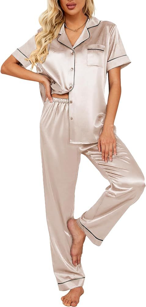 Ekouaer Silk Satin Pajamas Set Women Short Sleeve Sleepwear Soft Button Down Loungewear Pjs Set | Amazon (US)