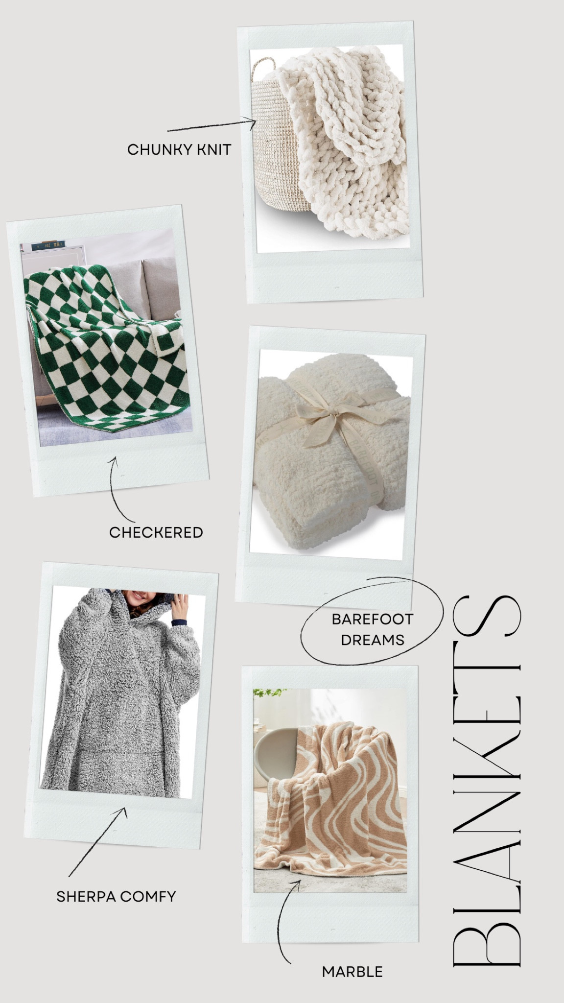 Cool Girl Gift Guide - Part 2

Blankets Edition

Fun colored checkered throw blankets, chunky knit blankets, Bearfoot Dreams, Sherpa Snuggie/Comfy wearable blanket and marble swirl funky pattern blanket.



#LTKGiftGuide #LTKfindsunder50 #LTKhome