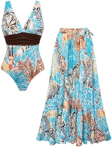FLAXMAKER Women's One Piece V Neck Animal Print Bating Suit Adjustable Straps Swimsuit and Skirt/... | Amazon (US)