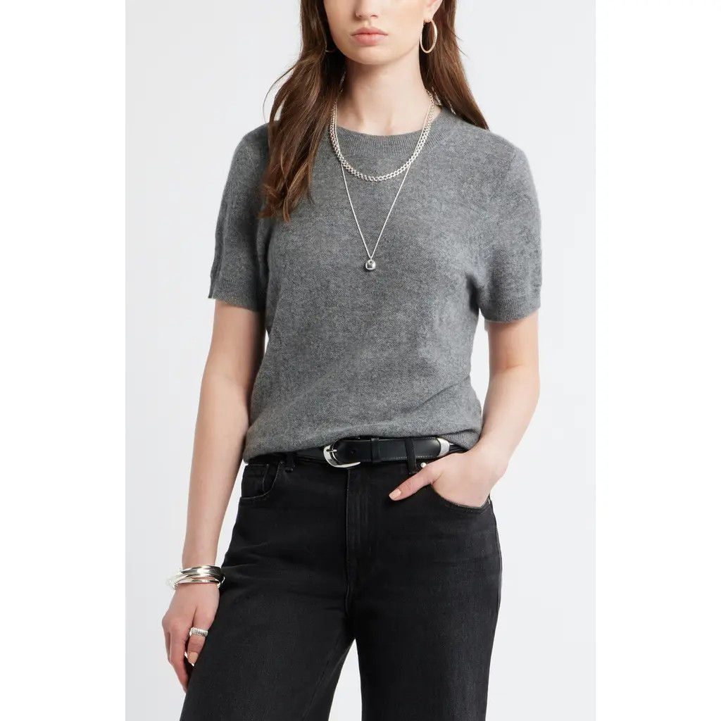 Treasure & Bond Floral Jacquard Short Sleeve Wool & Cashmere Sweater in Grey Dark Heather at Nordstrom Rack, Size Xx-Small | Nordstrom Rack