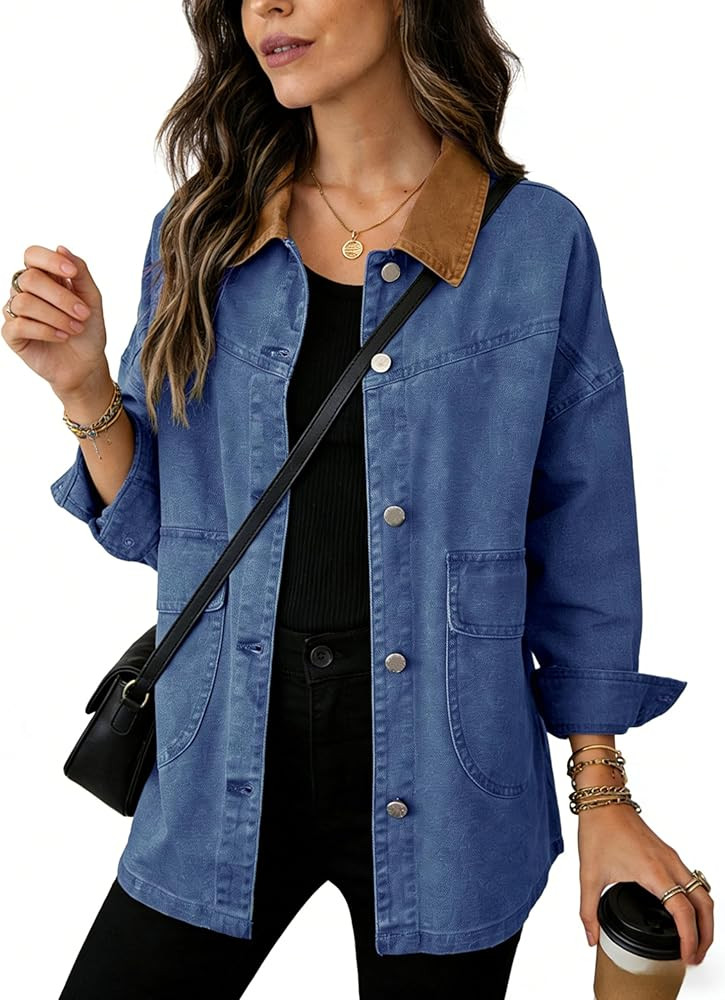 Yeokou Women's Oversized Contrast Collar Denim Barn Jacket Button Down Big Pockets Spring Fall Tr... | Amazon (US)