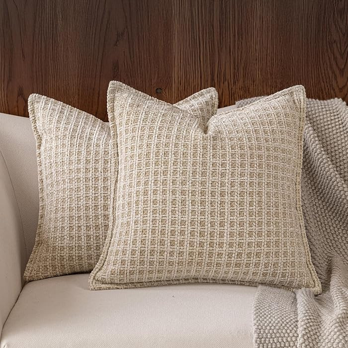 DWR 18x18 Decorative Throw Pillow Covers, Pack of 2 – Soft Woven Grid Texture with Cozy Chenill... | Amazon (US)