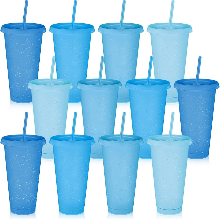 Skylety 12 Pcs Blue Glitter Plastic Cups with Lids and Straws 24 oz Winter Reusable Tumbler Large... | Amazon (US)