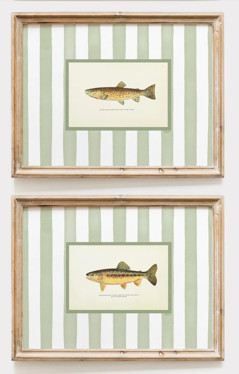 Green Trout Art, watercolor printable digital files, masculine wall art with stripes, vintage far... | Etsy (US)