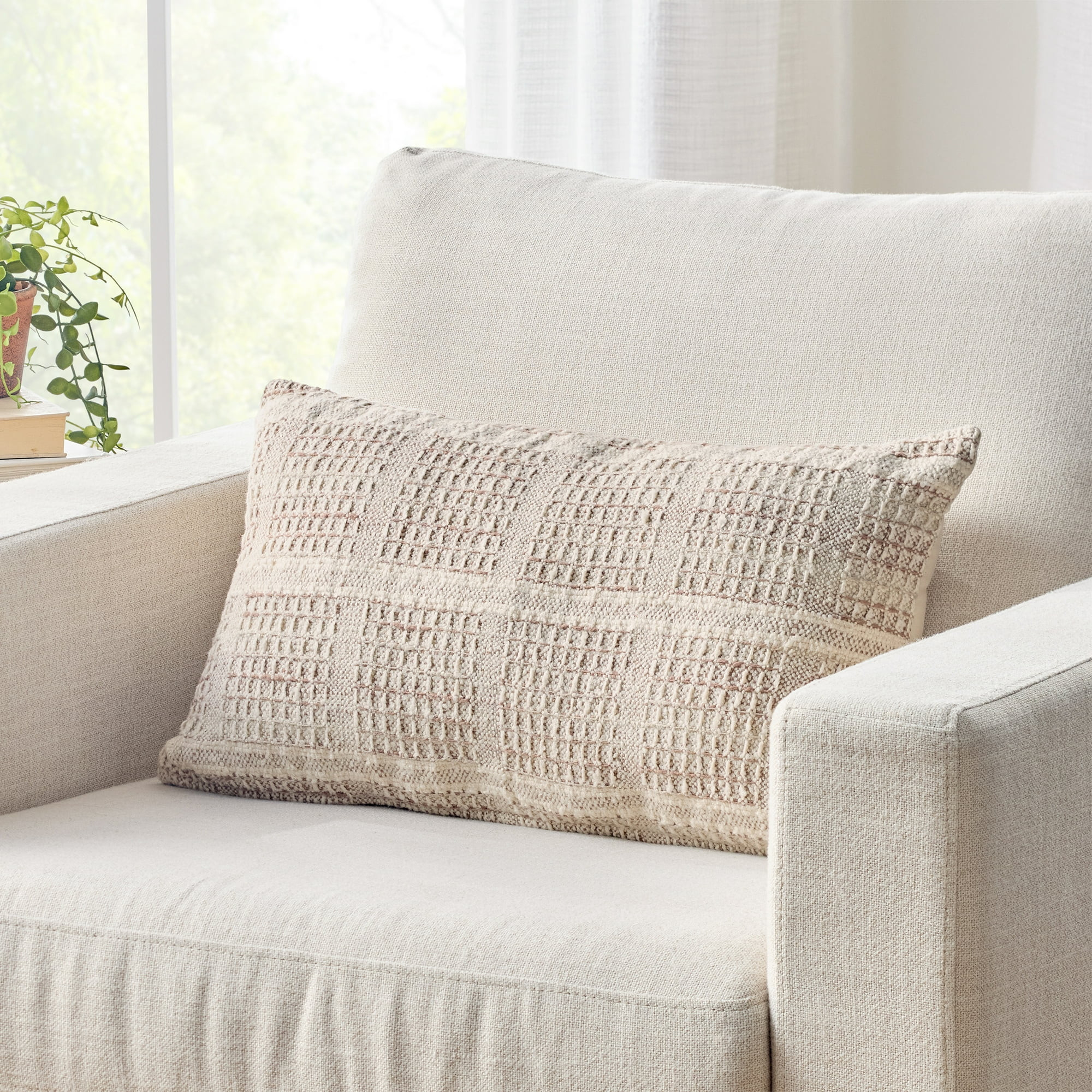 Better Homes & Gardens 14" x 24" Beige Chunky Woven Plaid Decorative Pillow | Walmart (US)