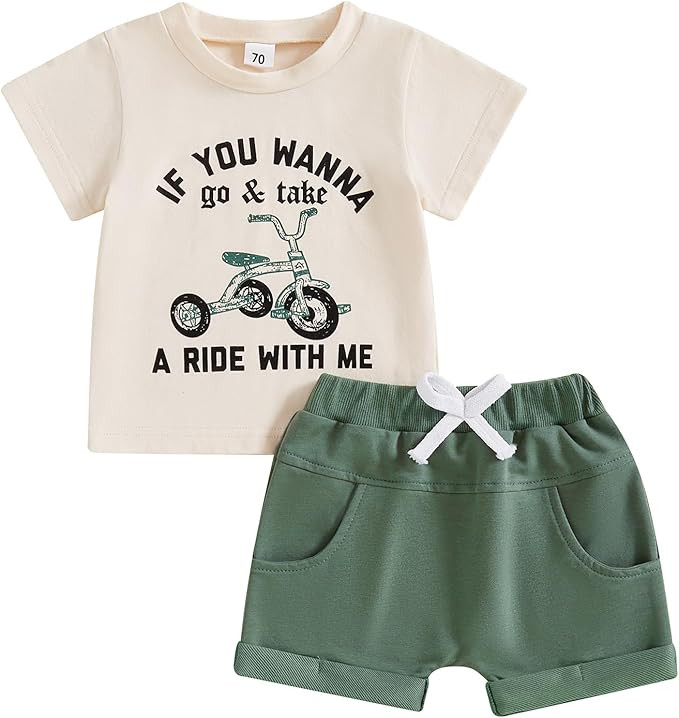 Toddler Baby Boy Summer Clothes Short Sleeve Tricycle Letter Print Shirt Elastic Waist Shorts Set... | Amazon (US)