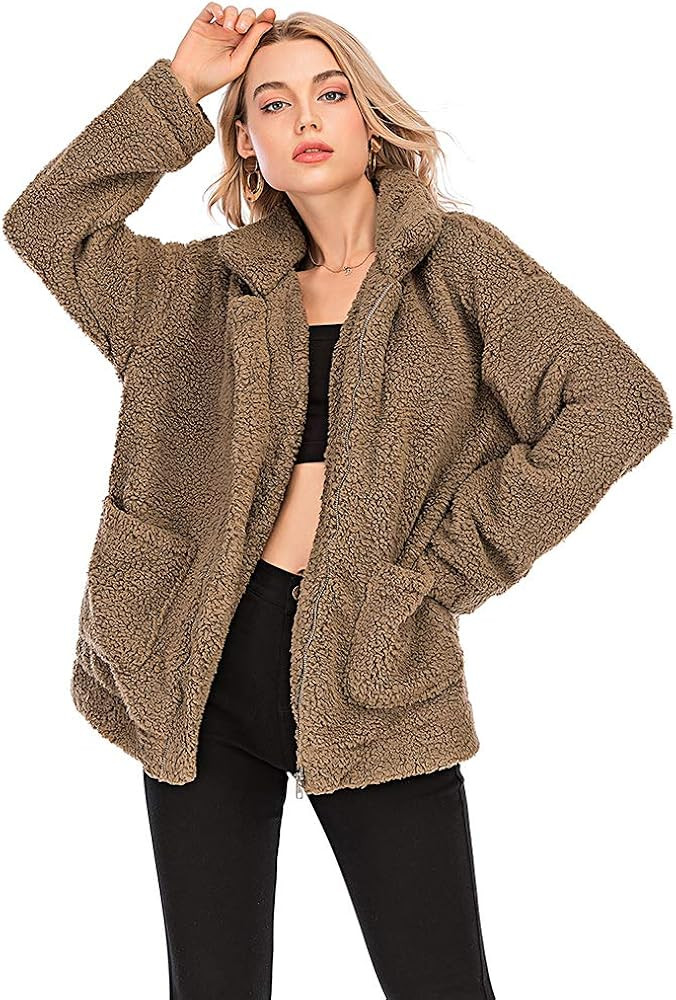 Comeon Women's Coat Casual Lapel Fleece Fuzzy Faux Shearling Zipper Coats Warm Winter Oversized Outw | Amazon (US)