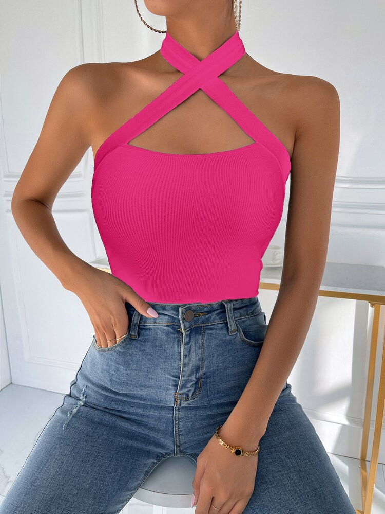 Criss Cross Tie Back Halter Top | SHEIN