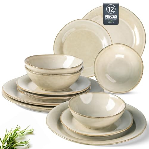 AmorArc Ceramic Dinnerware Sets, Handmade Stoneware Reactive Glaze Plates and Bowls Set, Scratch Resistant | Dishwasher & Microwave Safe Dishes Set, Service for 4 (12pc) | Amazon (US)