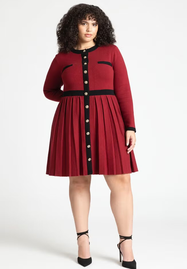 Sweater Pleated Skirt Dress With Gold Buttons | Eloquii