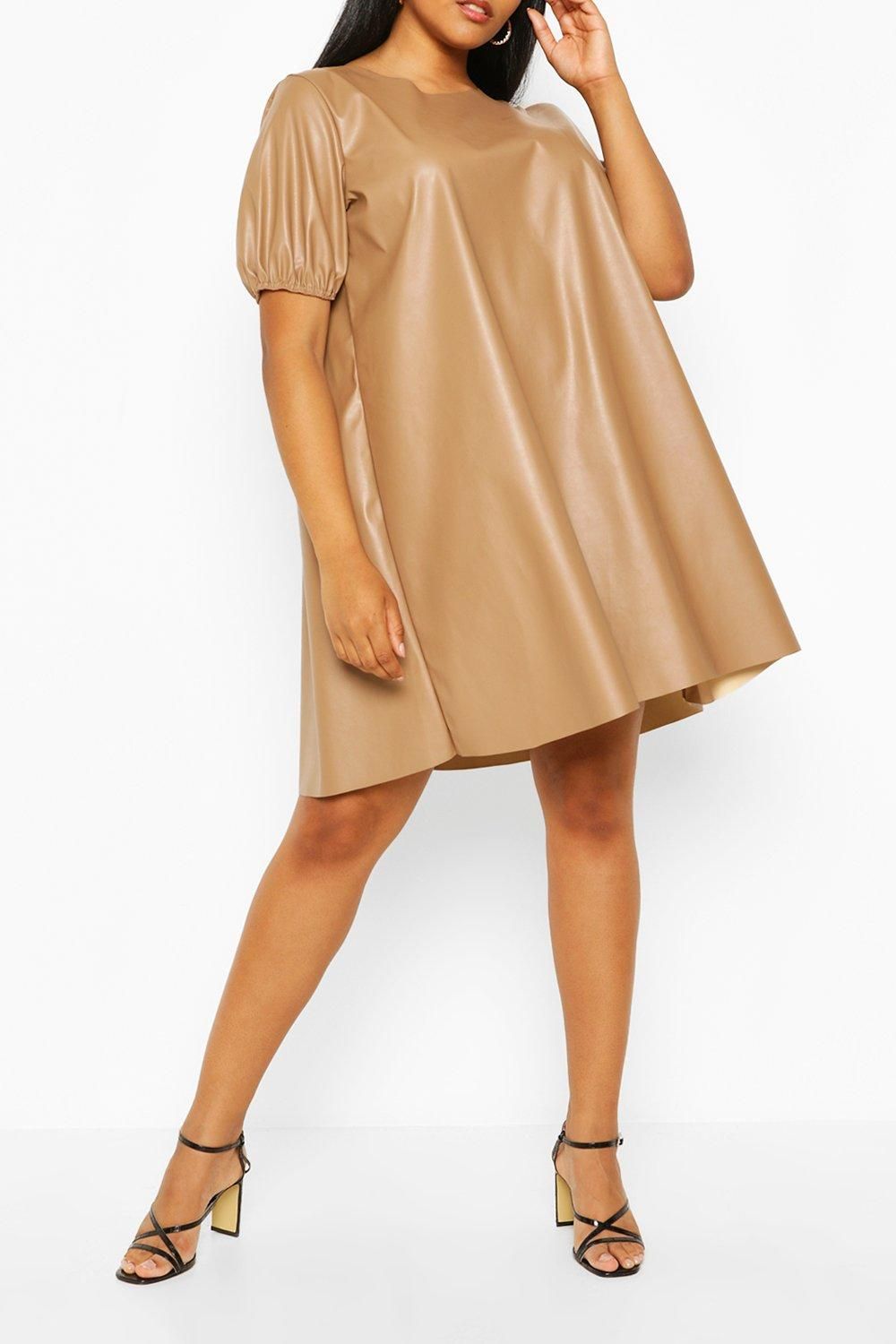 Womens Plus Puff Sleeve Faux Leather Dress - Brown - 14 | Boohoo.com (US & CA)