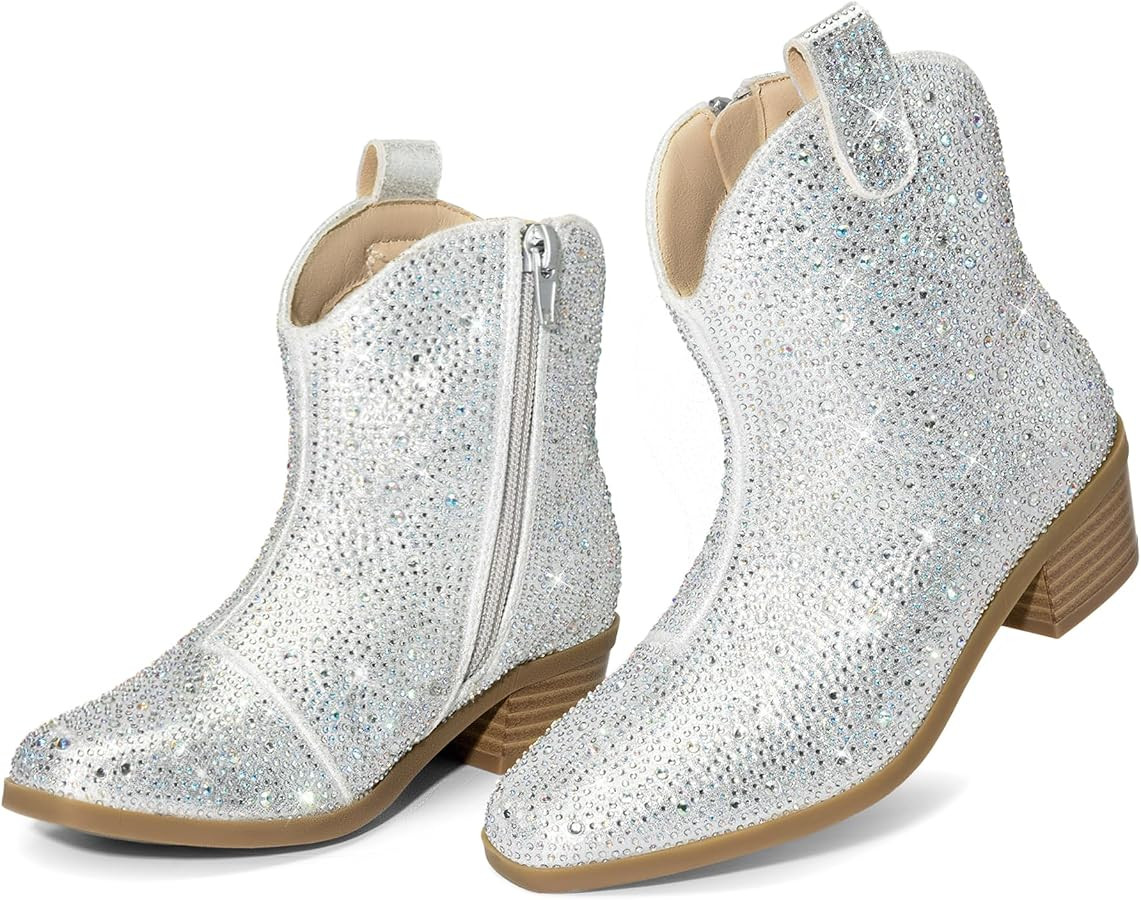 DREAM PAIRS Girls Cowgirl Cowboy Rhinestone Boots Ankle Low Heel Dress Booties | Amazon (US)