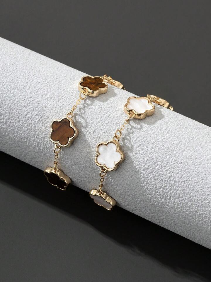 2pcs/Set Fashion Classic Style White/Brown Clover Bracelets Valentines | SHEIN