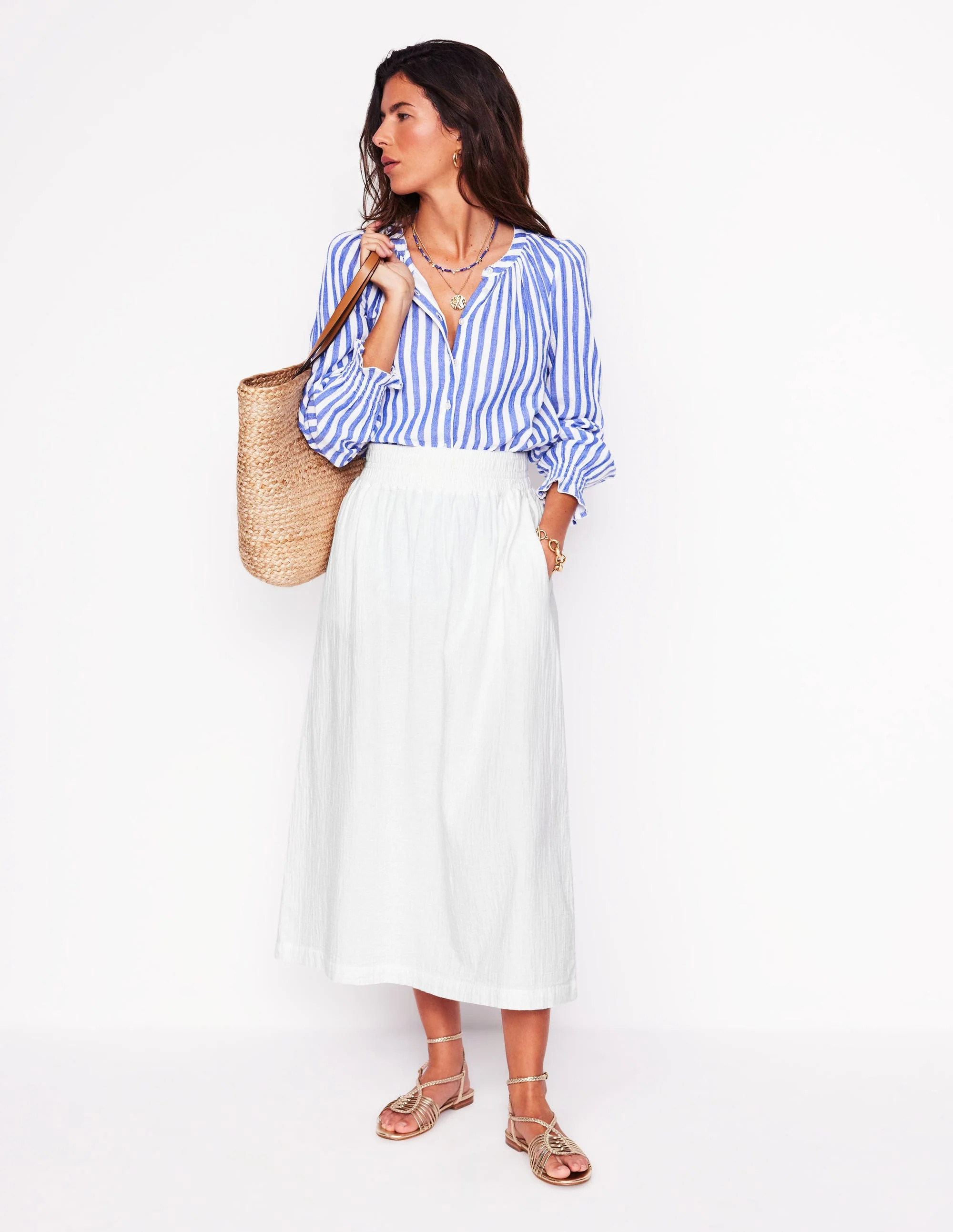 Double Cloth Smocked Skirt-White | Boden UK