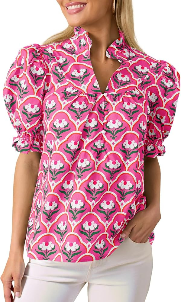 Womens Puff Short Sleeve Floral Shirt Ruffle V Neck Button Front Blouse Pleated Top | Amazon (US)