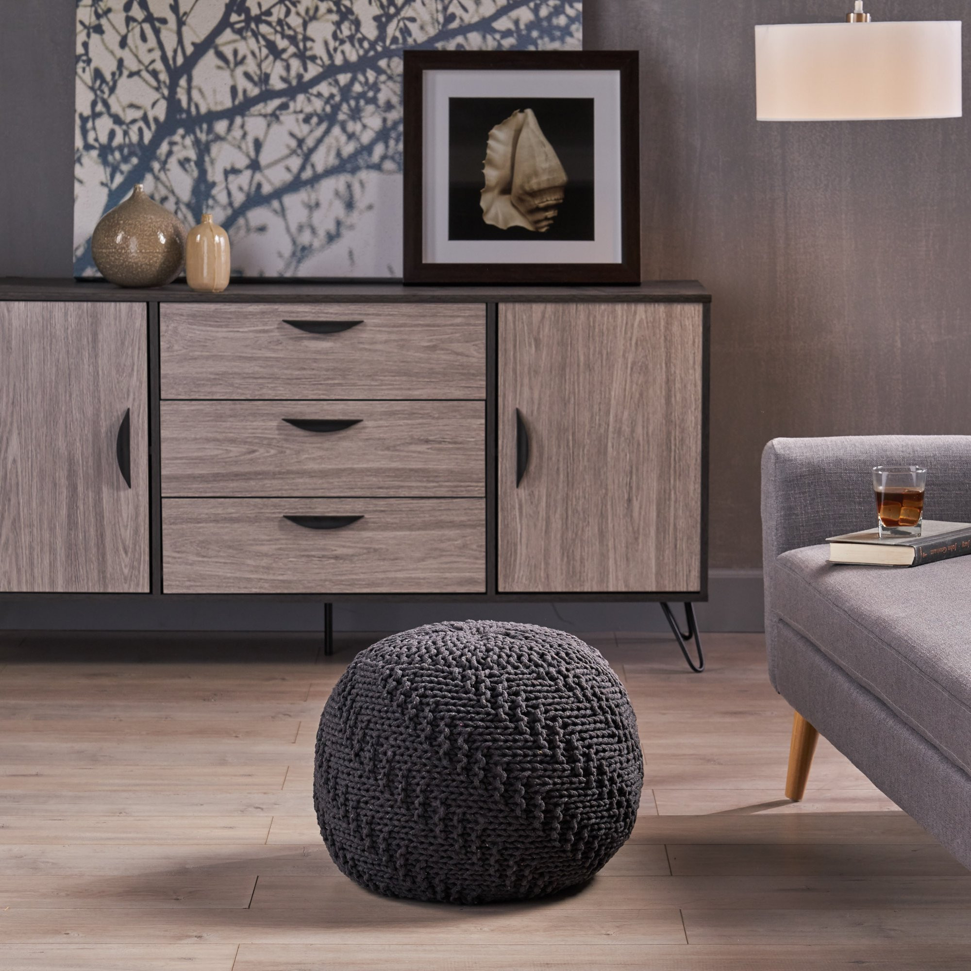 Noble House Spencer Knitted Cotton Pouf, Dark Grey | Walmart (US)