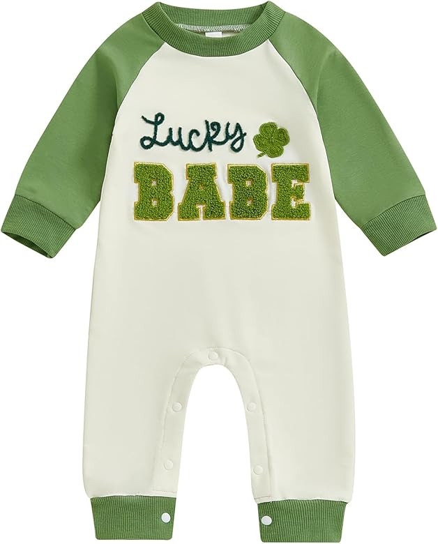 Karuedoo Newborn Baby Boy Girl St Patricks Day Outfit Letter Shamrock Embroidery Long Sleeve Romp... | Amazon (US)