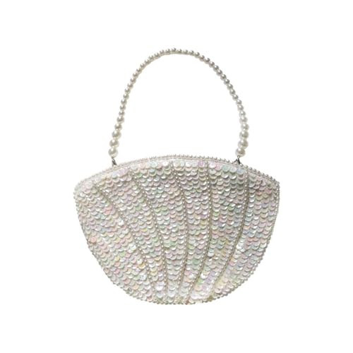 Tarvione Shell Purse Seashell Beaded Shoulder Bag Sparkle Pearl Chain Handle Handbag Cute Beads Clutch for Women Summer Vacation(White) | Amazon (US)