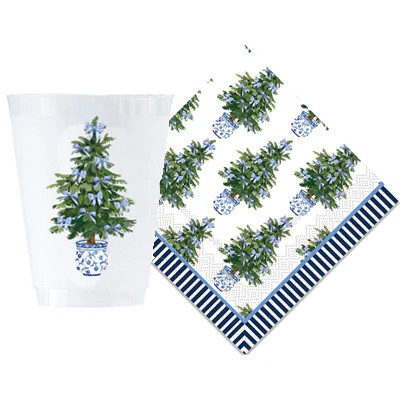 Bundle: Blue Bows Christmas Tree Shatterproof Cups and Cocktail Napkins | WH Hostess Social Stationery
