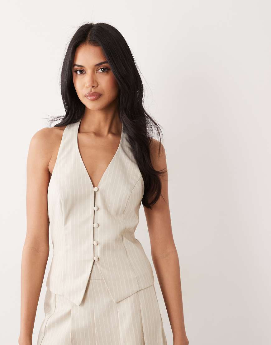 Miss Selfridge tailored linen look halter top in beige stripe-Green | ASOS (Global)