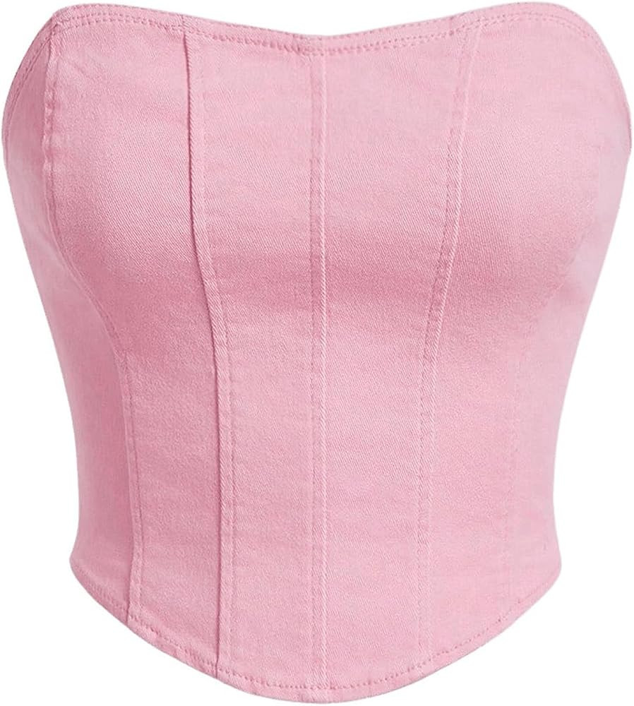Milumia Women's Strapless Denim Tube Top Sexy Backless Asymmetrical Hem Jean Crop Tops | Amazon (US)