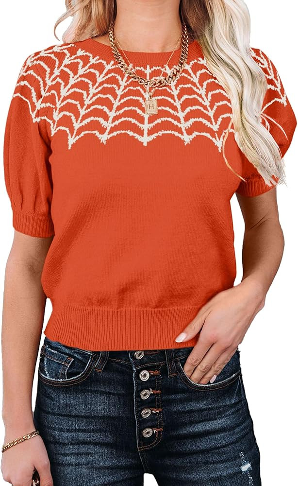 Womens Puff Short Sleeve Sweater Tops Crewneck Basic Knit Pullover Lightweight Solid Casual Sweat... | Amazon (US)