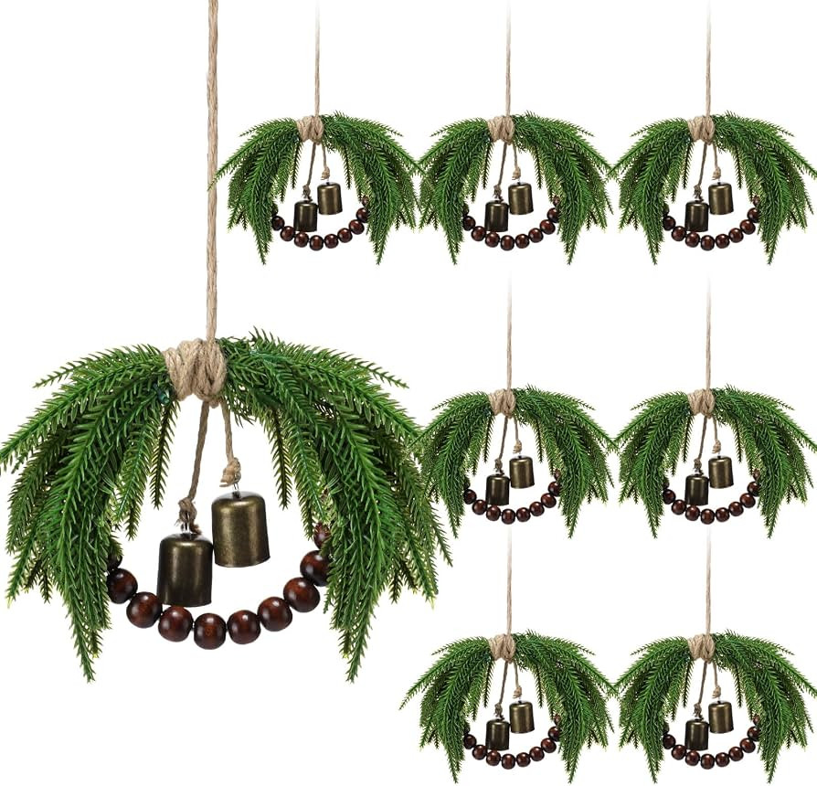 Dingion 8 Pcs 8.6 in Mini Norfolk Pine Christmas Cabinet Wreath with Bell | Amazon (US)