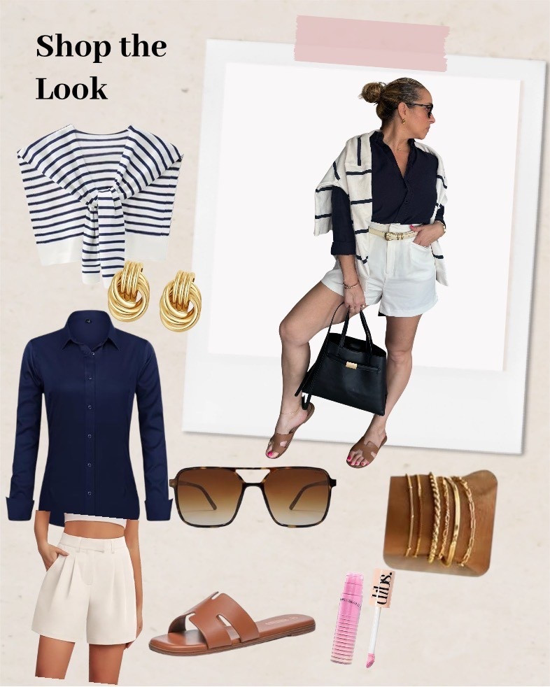Neutral + Navy Summer Look | H&M, Target & Shein Finds. This outfit gives quiet luxury meets errands in style and I’m here for it 🖤
The navy button-down + pleated shorts are both from H&M (yes, super affordable!) H&M Outfit
	•	Target Style
	•	Shein Accessories
	•	Coastal Inspired
	•	Preppy Summer Style
	•	Neutral Outfit
	•	Affordable Fashion
	•	Summer Capsule Wardrobe
	•	Chic Casual Look
	•	Mom Style Over 40

I threw on this Target striped crewneck for that effortless coastal vibe and paired it with Shein accessories (bracelets, belt, sandals & that structured black tote).
Everything is super lightweight and versatile for summer days on the go.
Links below to recreate this exact look.


#LTKSeasonal #LTKStyleTip #LTKFindsUnder50