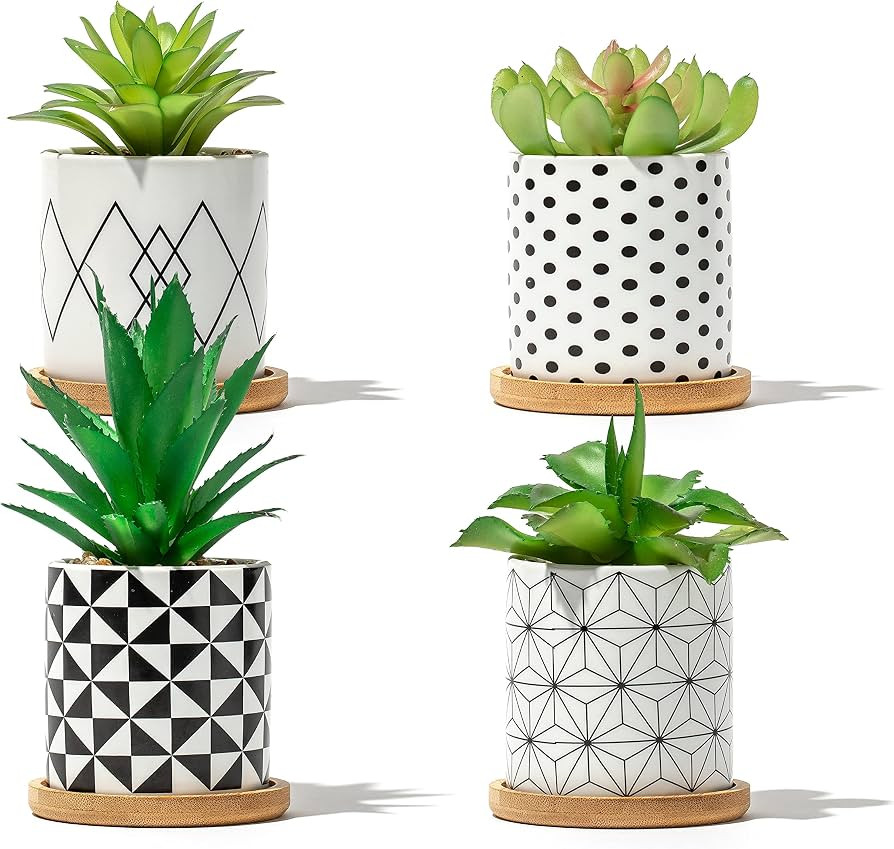 Artificial Succulents in Pots With Geometric Patterns & Bamboo Bases – Assorted Life-Like Fake ... | Amazon (US)