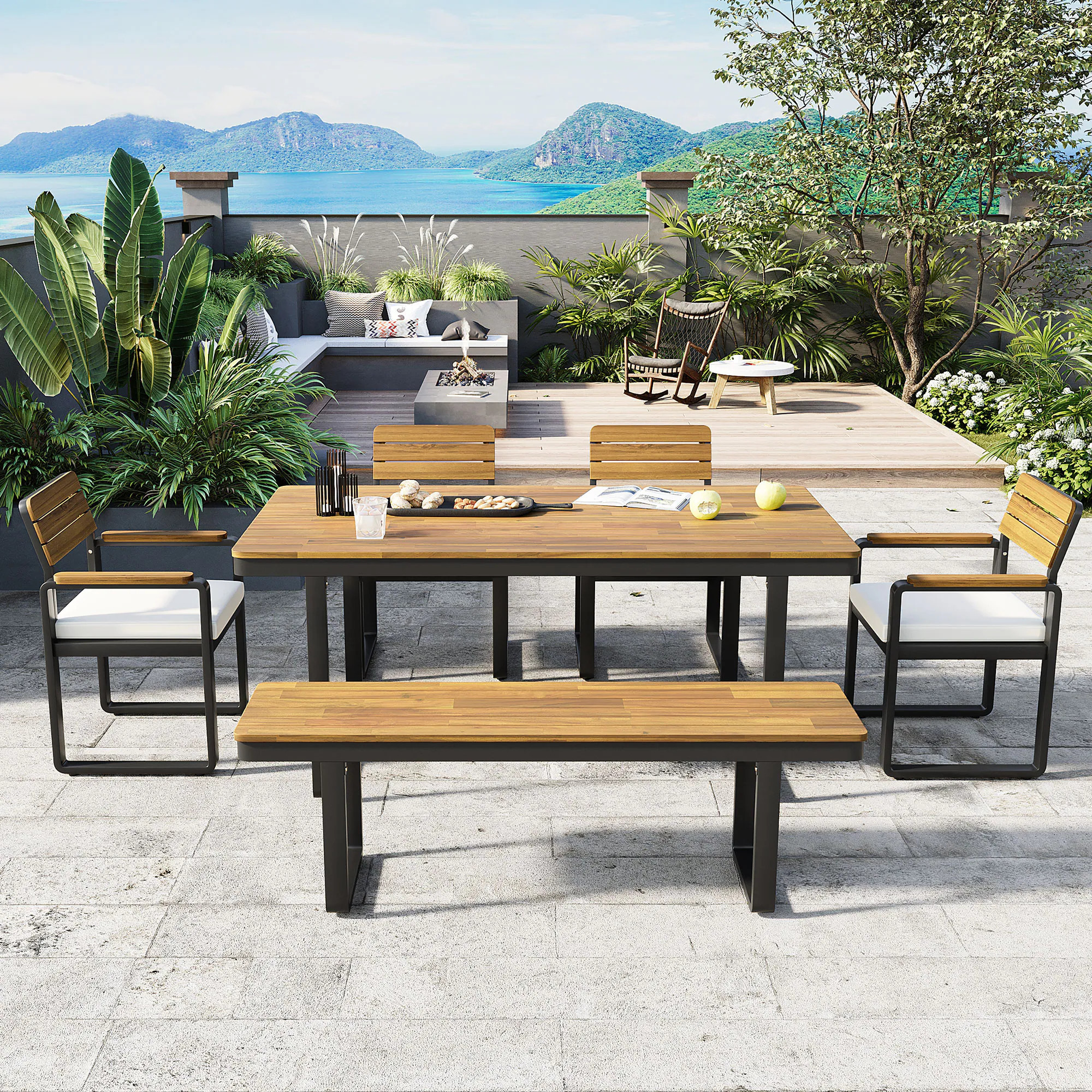 LOVMOR 6 Piece Patio Dining Set Outdoor Dining Set Beige with Acacia Wood Polyester Steel Rectangular Table 4 Beige Cushioned Dining Chairs and Bench | Lowe's